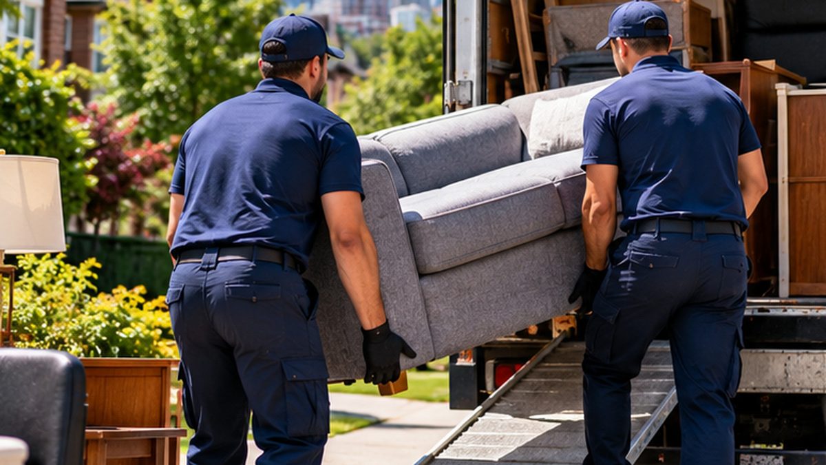 Two junk removal workers carrying a grey sofa up a truck ramp