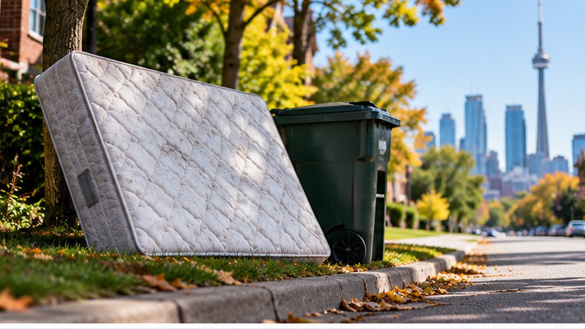 Old mattress leaning against a green bin at the curb with the Toronto skyline behind