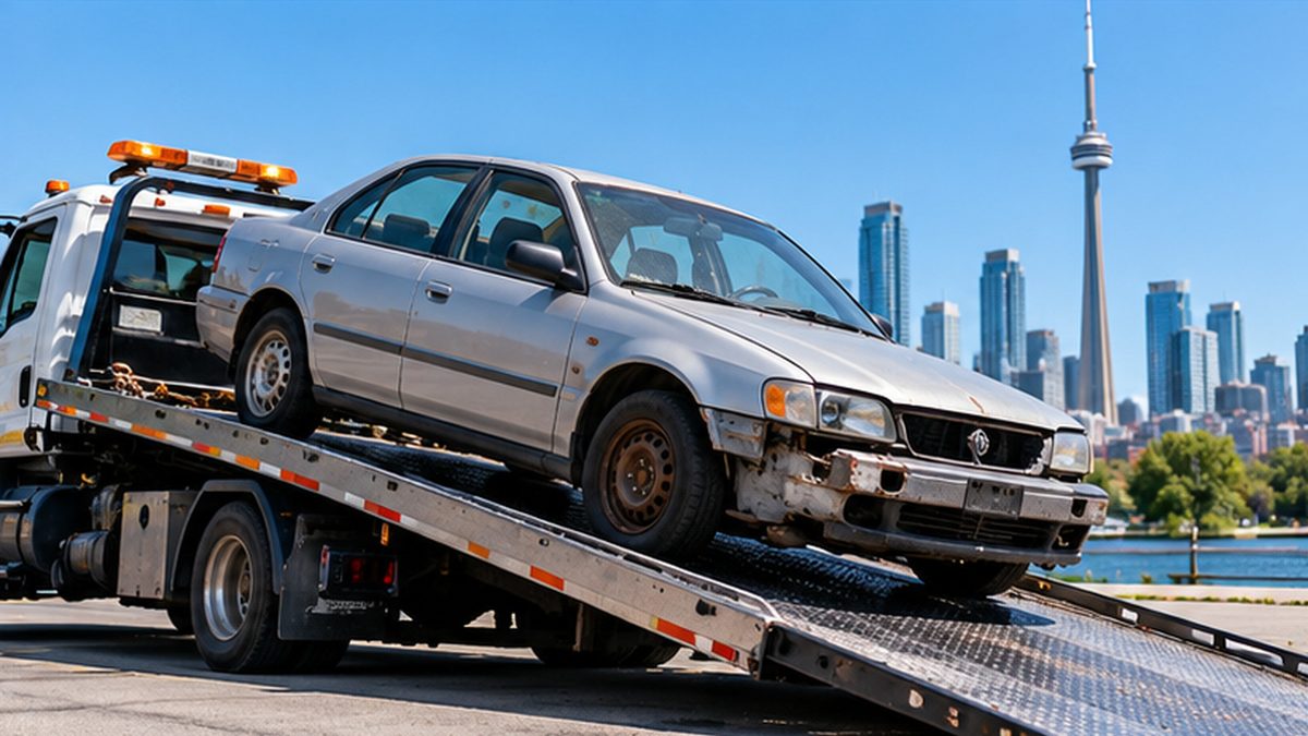 Old silver sedan on a flatbed tow truck with the Toronto skyline in the background